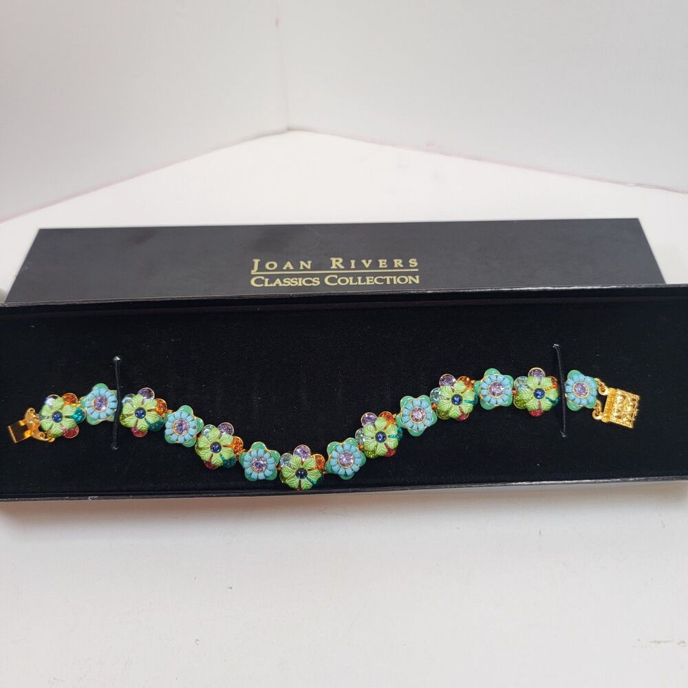 Joan Rivers Classics Collection Flower Enamel Rhinestones Bracelet Signed